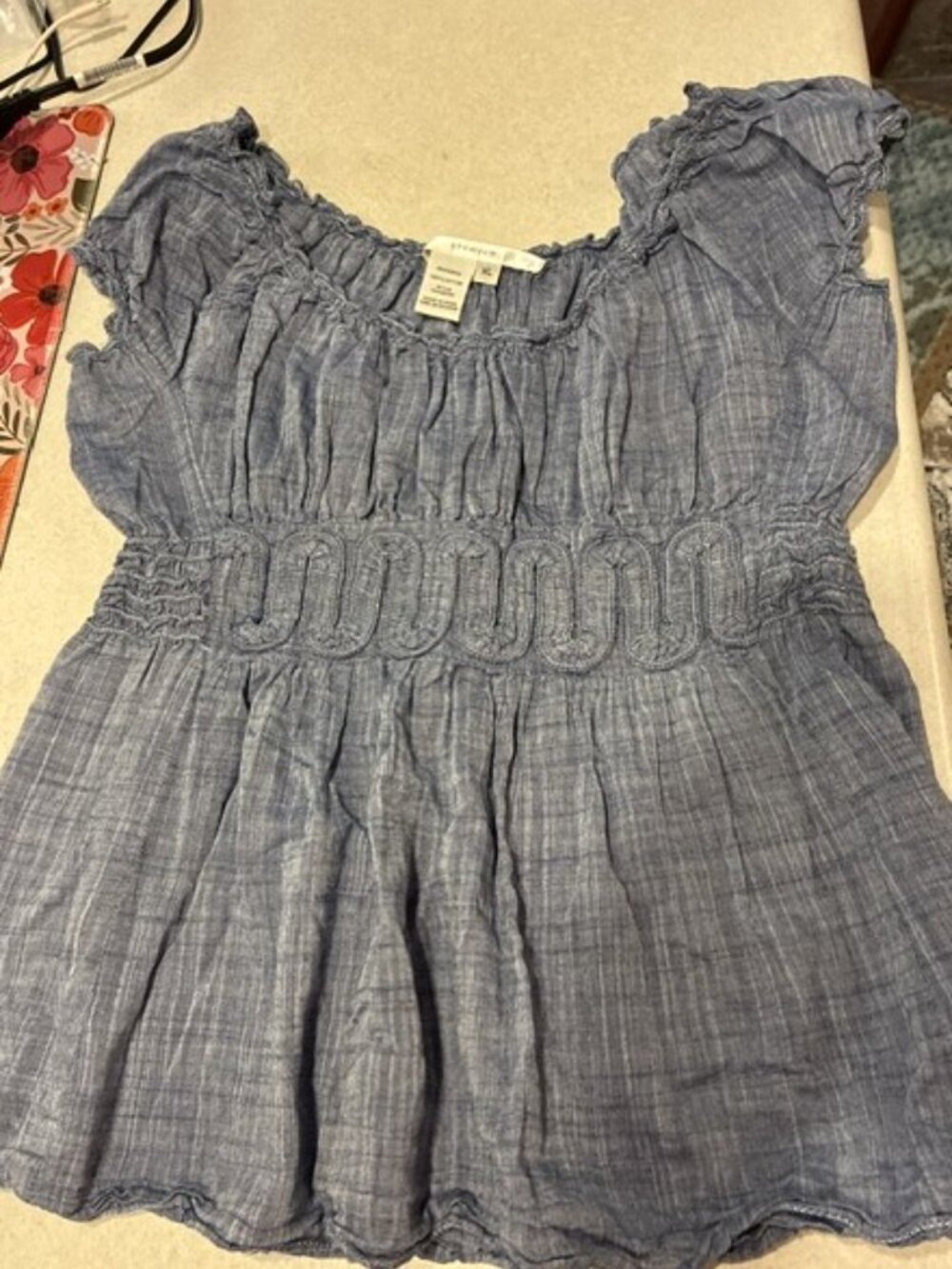 Women's Studio M 100% Cotton Blue Smocking Top Blouse Size XL Peasant Boho